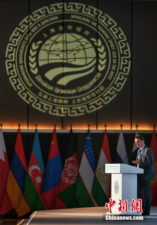 4月10日，天津，俄罗斯先锋经济特区副总经理米哈伊尔·德列维扬科向与会嘉宾分享“先锋”经济特区落实可持续发展目标的实践经验。当日，中国—上海合作组织可持续发展产业合作大会在天津滨海新区举行。来自上合组织成员国的各界代表和中国各行业翘楚齐聚渤海之滨，围绕对外开放、产业升级、投资促进等议题进行交流，推动多方合作。中新社记者 佟郁 摄