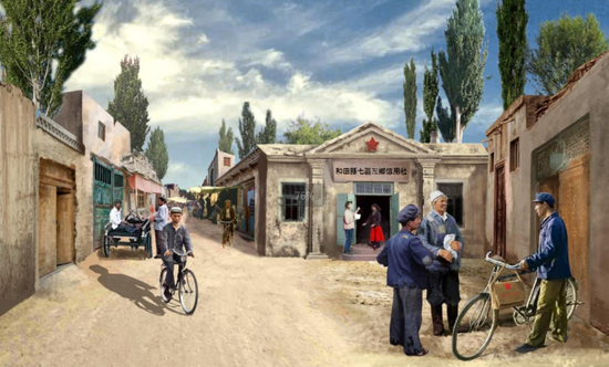 图为油画作品:1952年8月12日成立的新疆第一家农村信用社——和田县七区三乡信用社。 图为油画作品:1952年8月12日成立的新疆第一家农村信用社——和田县七区三乡信用社。