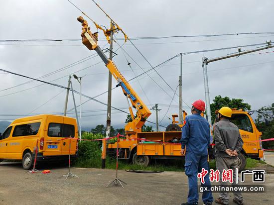 6月18日,防城港防城供电局那梭供电所在10千伏东山线开展带电作业。 沈铭福 摄 6月18日,防城港防城供电局那梭供电所在10千伏东山线开展带电作业。 沈铭福 摄