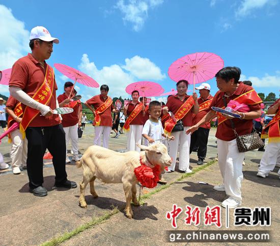 7月30日,在松桃苗族自治县长兴堡镇“六月六”活动中,山歌队赢得一只鸭子。 7月30日,在松桃苗族自治县长兴堡镇“六月六”活动中,山歌队赢得一只鸭子。
