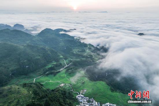 8月6日,贵州省黔南布依族苗族自治州贵定县沿山镇腊利寨出现云海景观,村庄、梯田与山间云海交相辉映,美如画卷。(无人机照片) 8月6日,贵州省黔南布依族苗族自治州贵定县沿山镇腊利寨出现云海景观,村庄、梯田与山间云海交相辉映,美如画卷。(无人机照片)