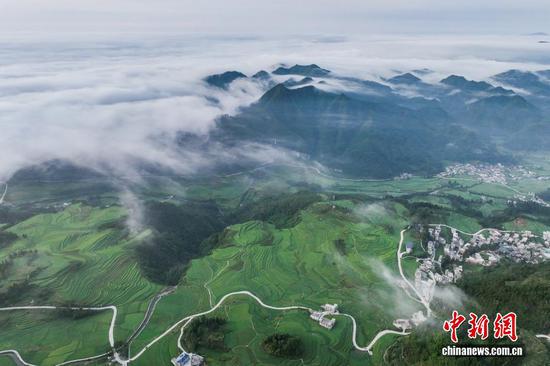 8月6日,贵州省黔南布依族苗族自治州贵定县沿山镇腊利寨出现云海景观,村庄、梯田与山间云海交相辉映,美如画卷。(无人机照片) 8月6日,贵州省黔南布依族苗族自治州贵定县沿山镇腊利寨出现云海景观,村庄、梯田与山间云海交相辉映,美如画卷。(无人机照片)