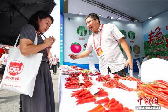 图为参展商(右)在向参观者介绍辣椒产品。中新社记者 瞿宏伦 摄