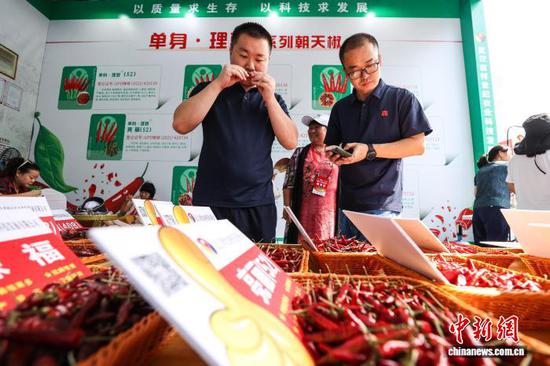 图为参观者在辣博会现场选购辣椒。中新社记者 瞿宏伦 摄