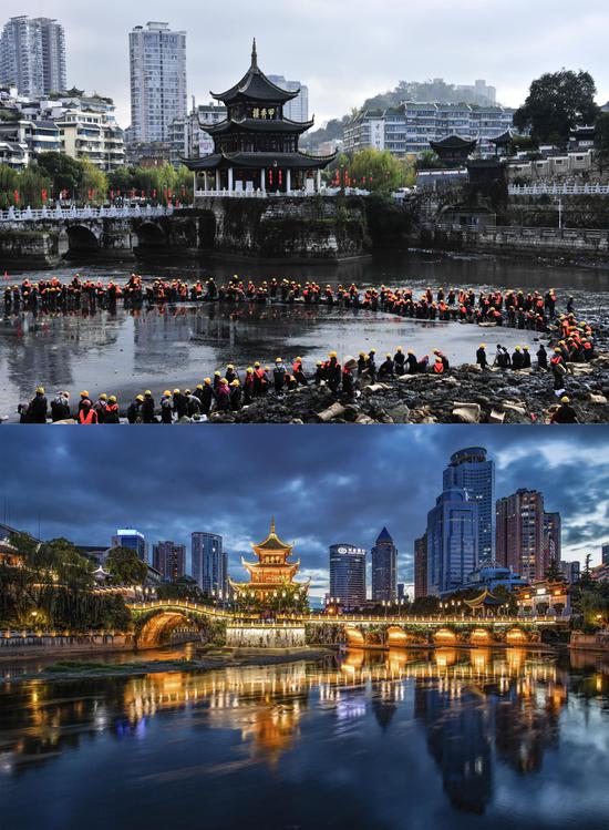 图为2012年贵阳市南明河甲秀楼段综合整治现场与如今整治后的场景对比。上图吕文春摄,下图杨良强摄。 图为2012年贵阳市南明河甲秀楼段综合整治现场与如今整治后的场景对比。上图吕文春摄,下图杨良强摄。