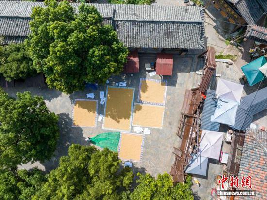 9月3日，从江县丙妹镇岜沙苗寨的村民在晾晒稻谷。(无人机图片)吴德军 摄