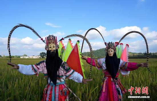 图为9月24日，叶守兴(图左)与叶帅虎(图右)在西秀区旧州镇的稻田间表演地戏。石小杰 摄