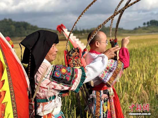 图为9月24日，叶守兴(图左)与叶帅虎(图右)在西秀区旧州镇的稻田间交流地戏表演。王秋旭 摄