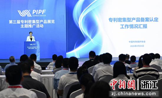 图为:中国专利保护协会副秘书长王文静介绍专利密集型产品备案认定工作情况。中新社记者 王刚 摄