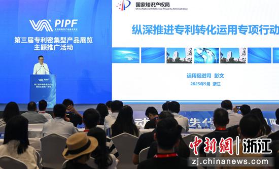 图为:国家知识产权局知识产权运用促进司副司长彭文介绍纵深推进专利转化运用专项行动成果。中新社记者 王刚 摄