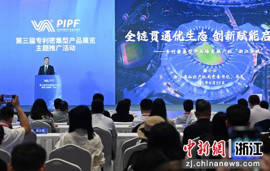 图为:浙江省知识产权局党委书记、局长谢小云介绍专利密集型产品培育推广的“浙江实践”。中新社记者 王刚 摄