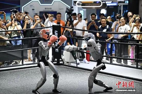 人形机器人“格斗”吸引参观者。王刚 摄 人形机器人“格斗”吸引参观者。王刚 摄