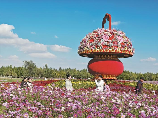 10月2日，游客在可克达拉市花海景区游玩。国庆、中秋假期，四师可克达拉市各景区全力做好服务保障工作，切实提升游客体验感和满意度。今年前三季度，该师市接待游客504.26万人次，同比增长25.60%；游客总花费21.45亿元，同比增长23.35%。兵团日报常驻记者 杨俊钦 摄