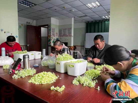 图为韩磊（右二）与“星星工坊”学员一起制作仿花制品。（受访者供图）