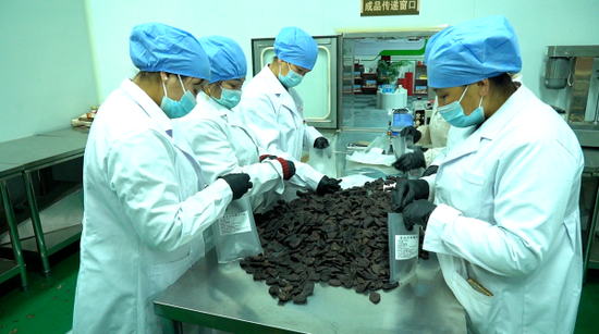 工人们将定量油干片装入定制密封袋。（买提努日·买提肉孜 摄）