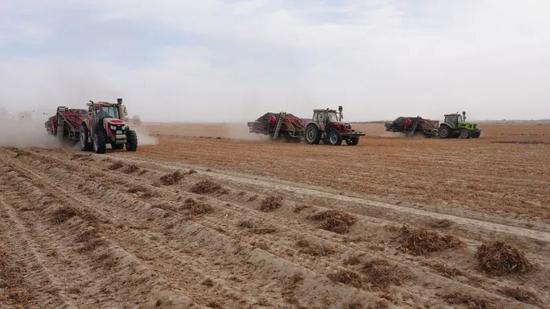 农机正在田间采收油莎豆。阿布力孜 摄