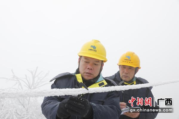 桂林供电局工作人员在现场查看覆冰情况,为开展110千伏中两线直流融冰提供精准现场数据。谢忠敏 摄 桂林供电局工作人员在现场查看覆冰情况,为开展110千伏中两线直流融冰提供精准现场数据。谢忠敏 摄