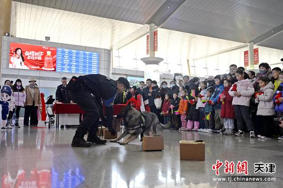图为北京铁路公安局天津公安处特警支队民警携警犬表演技能。（北京铁路公安局天津公安处供图）