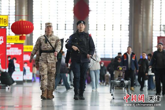 图为天津站特警联合驻站武警官兵,共同构筑起一道坚实的平安防线,彰显了新时代下铁路公安守护春运平安的决心与能力,让归家的旅客感受到安心与温暖。(北京铁路公安局天津公安处供图)