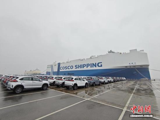 2月26日，天津港码头整齐停放着待出口的国产汽车，即将搭乘“贞观口”轮启航前往南美。（天津东港边检站供图）
