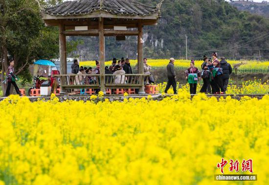 民众在贵州省从江县洛香镇上皮林村油菜花田旁踏青游玩。