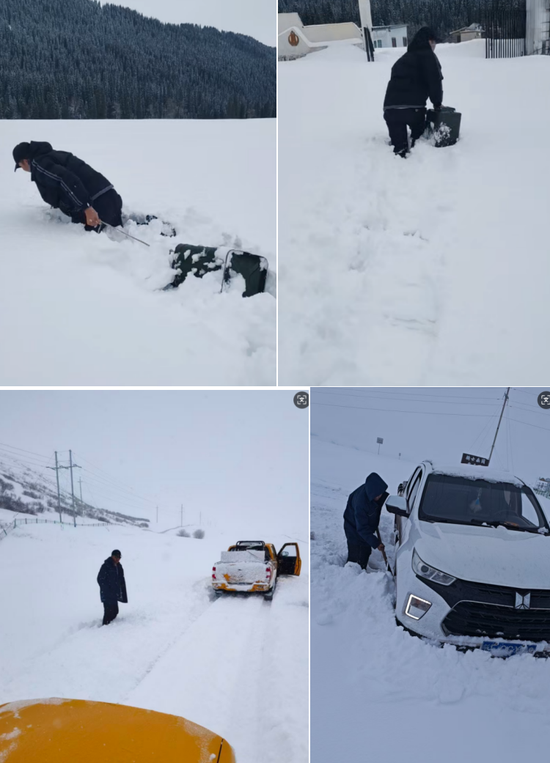 保障人员冒雪前往乔尔玛地区雪崩故障区。