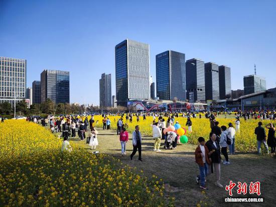 4月6日，天津，民众在油菜花田踏青游玩。近日，天津经开区泰达城市公园樱花与MSD广场油菜花同期盛放，吸引了众多市民和游客前来踏青赏花，邂逅春日浪漫之约。中新社记者 佟郁 摄
