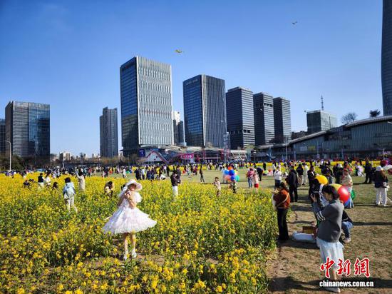 4月6日，天津，民众在油菜花田踏青游玩。近日，天津经开区泰达城市公园樱花与MSD广场油菜花同期盛放，吸引了众多市民和游客前来踏青赏花，邂逅春日浪漫之约。中新社记者 佟郁 摄
