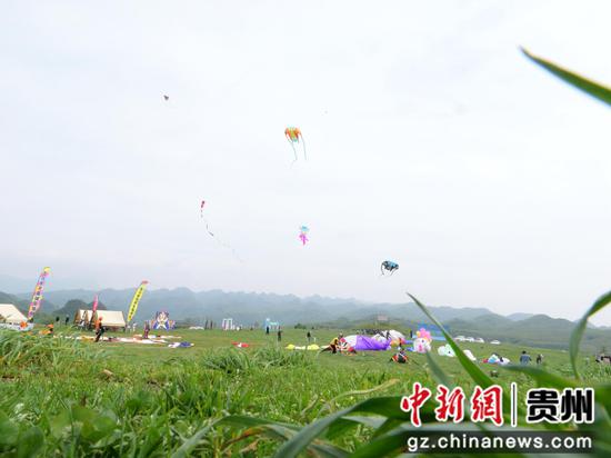 5月1日，“赛动黔景·心动毕节”贵州·毕节崔苏坝国际露营基地风筝季活动现场。   郑玮摄