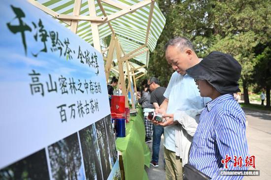 5月21日是国际茶日，“干净黔茶·全球共享”5·21国际茶日主题活动在北京北海公园拉开帷幕。活动上，贵州茶企对贵州茶进行推介，吸引游园市民品尝贵州生态茶以及抹茶产品。图为现场展出的茶产品吸引市民。中新社记者 赵文宇 摄