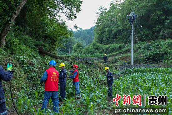 5月19日凌晨,贵州长顺县鼓扬镇因极端强降雨导致供电线路受损,南方电网贵州都匀长顺供电局迅速组织党员突击队和青年突击队开展抢修复电作业。王露 摄 5月19日凌晨,贵州长顺县鼓扬镇因极端强降雨导致供电线路受损,南方电网贵州都匀长顺供电局迅速组织党员突击队和青年突击队开展抢修复电作业。王露 摄