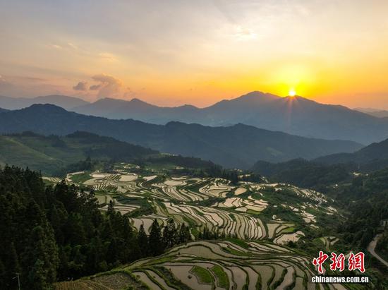 5月26日，俯瞰贵州省黔东南苗族侗族自治州从江县翠里瑶族壮族乡南岑村、岑丰村的南丰梯田，层层叠叠的梯田与青山、村寨、劳作的村民相互映衬，在阳光的照射下美不胜收，构成一幅生机勃勃的乡村田园画卷。图为南丰梯田的田园风光。图/CNSphoto 吴德军 摄