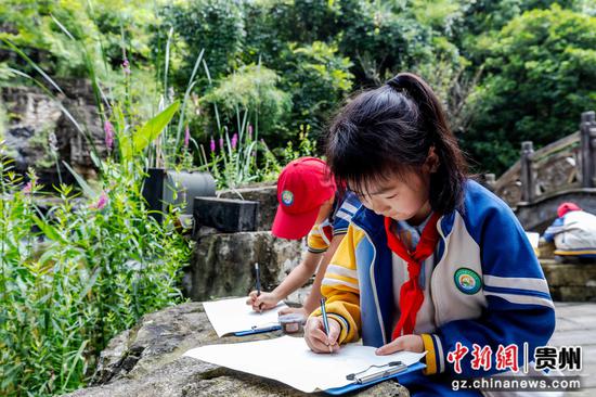 学生在贵州省黔西市凤凰山公园绘画创作。