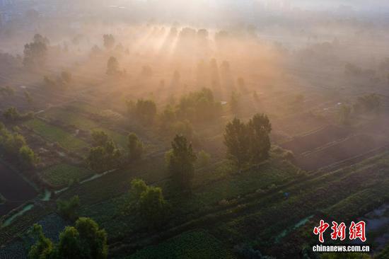 7月9日清晨，贵州省毕节市威宁彝族回族苗族自治县出现平流雾景观，雾气如薄纱般袅绕，宛如水墨画。(无人机照片)