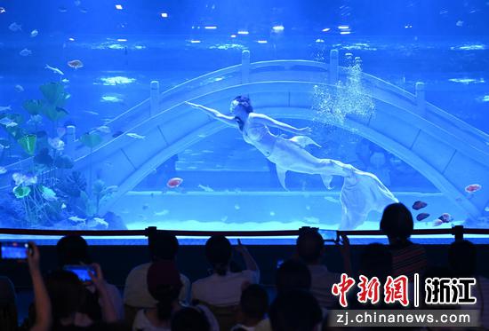图为：市民观看“美人鱼”表演。王刚 摄