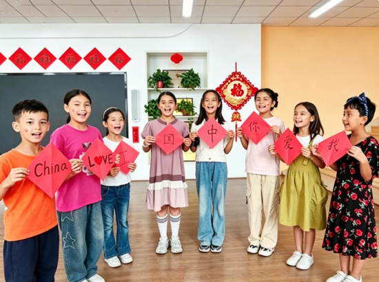 社区少年儿童展示爱国主题双语卡片。