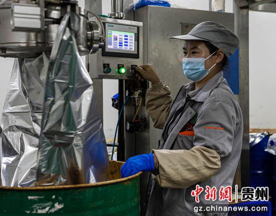图为9月1日，在贵州欣扬农业科技发展有限公司，工人正在操作设备封装刺梨原液。