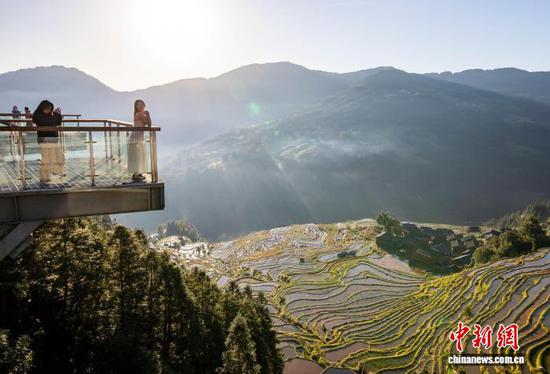 金秋时节,贵州省黔东南苗族侗族自治州从江县加榜梯田景色宜人,吸引众多游客前来观光游玩,亲近自然。图为游客在赏景拍照。罗京来 摄 金秋时节,贵州省黔东南苗族侗族自治州从江县加榜梯田景色宜人,吸引众多游客前来观光游玩,亲近自然。图为游客在赏景拍照。罗京来 摄