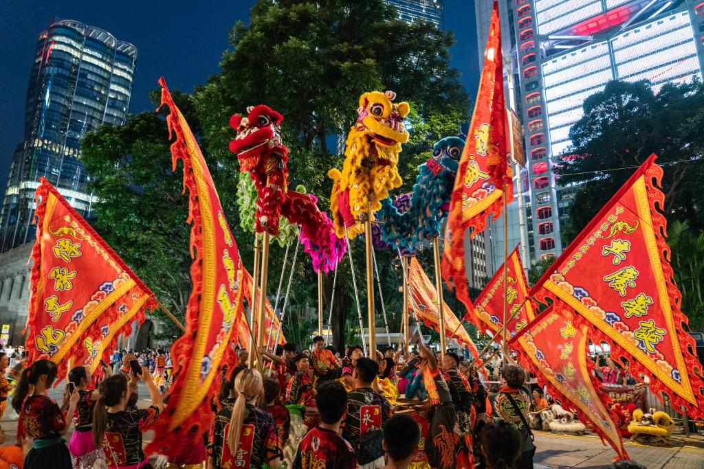 Lion dragon dance performed to greet National Day in Hong Kong