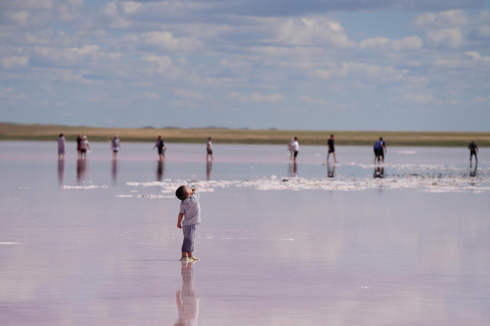 Picturesque view of pink salt lake in Kazakhstan