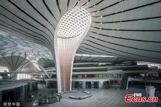 An inside view of the Beijing Daxing International Airport in Beijing on June 1, 2019. The airport will be put into operation before Sept. 30, according to the country's civil aviation authorities. Interior decorating and the installation and testing of electromechanical equipment are underway and will be completed this month. (Photo/VCG)
