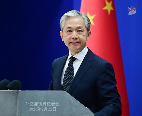 Chinese Foreign Ministry spokesperson Wang Wenbin addresses a regular press conference in Beijing, Feb. 22, 2023. (Photo/fmprc.gov.cn)