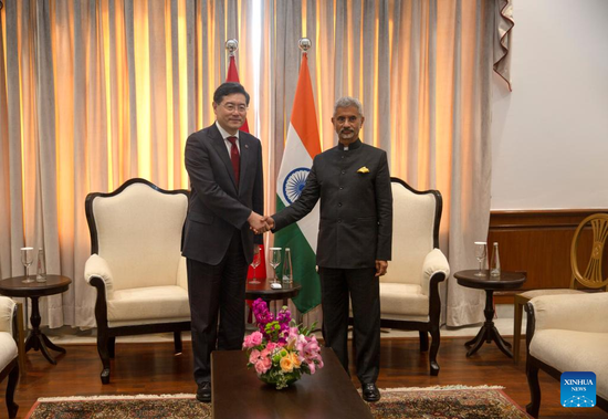 Chinese Foreign Minister Qin Gang meets with External Affairs Minister Subrahmanyam Jaishankar of the Group of 20 (G20) President India on the sidelines of the G20 Foreign Ministers' Meeting in New Delhi, India, March 2, 2023. (Xinhua/Javed Dar)