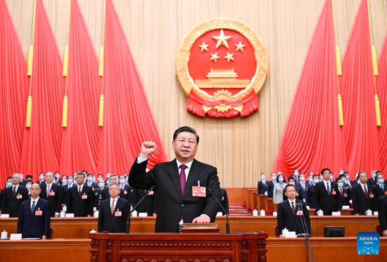 Xi Jinping, newly elected president of the People's Republic of China (PRC) and chairman of the Central Military Commission of the PRC, makes a public pledge of allegiance to the Constitution at the Great Hall of the People in Beijing, capital of China, March 10, 2023. Xi was unanimously elected president of the People's Republic of China and chairman of the Central Military Commission of the PRC at the third plenary meeting of the first session of the 14th National People's Congress (NPC) on Friday. (Xinhua/Xie Huanchi)