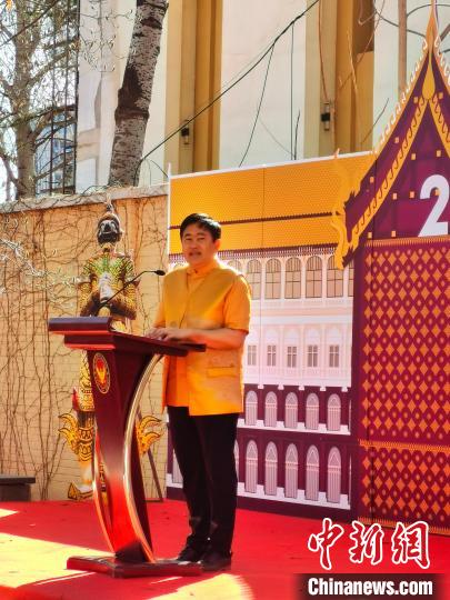 Thai Ambassador to China Atthayut Srisamut speaks at the opening ceremony of Thai Festival 2023 held in Beijing, March 12, 2023. (Photo/China News Service)