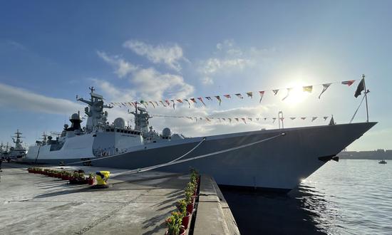 The AMAN-23 multinational maritime exercise hosted by the Pakistan Navy kicks off on February 10, 2023 in Karachi, Pakistan. The PNS Taimur, a Type 054A/P guided missile frigate China built for Pakistan, is moored next to the opening ceremony venue. (Photo:Liu Xuanzun/GT)