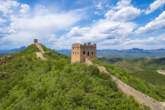 Jinshanling Great Wall under blue sky in summer