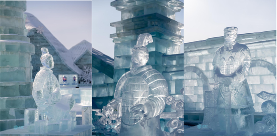 The three newly completed ice sculptures were carved at a 1:1 ratio, depicting a general, a middle-ranking officer and a kneeling archer at the Harbin Ice and Snow World in northeast China's Heilongjiang Province. (Screenshot photo of Harbin News)