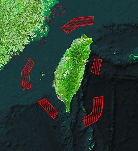 Areas around China’s island of Taiwan where military drills are being held are shown in this image. (Photo/PLA Eastern Theater Command)