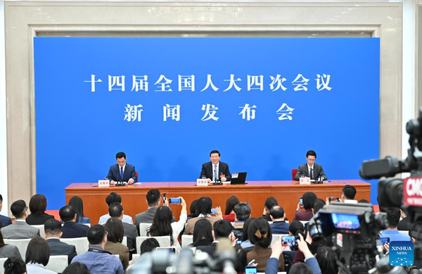 Lou Qinjian, spokesperson for the fourth session of the 14th National People's Congress (NPC), attends a press conference at the Great Hall of the People in Beijing, capital of China, March 4, 2026. (Xinhua/Li Xin)